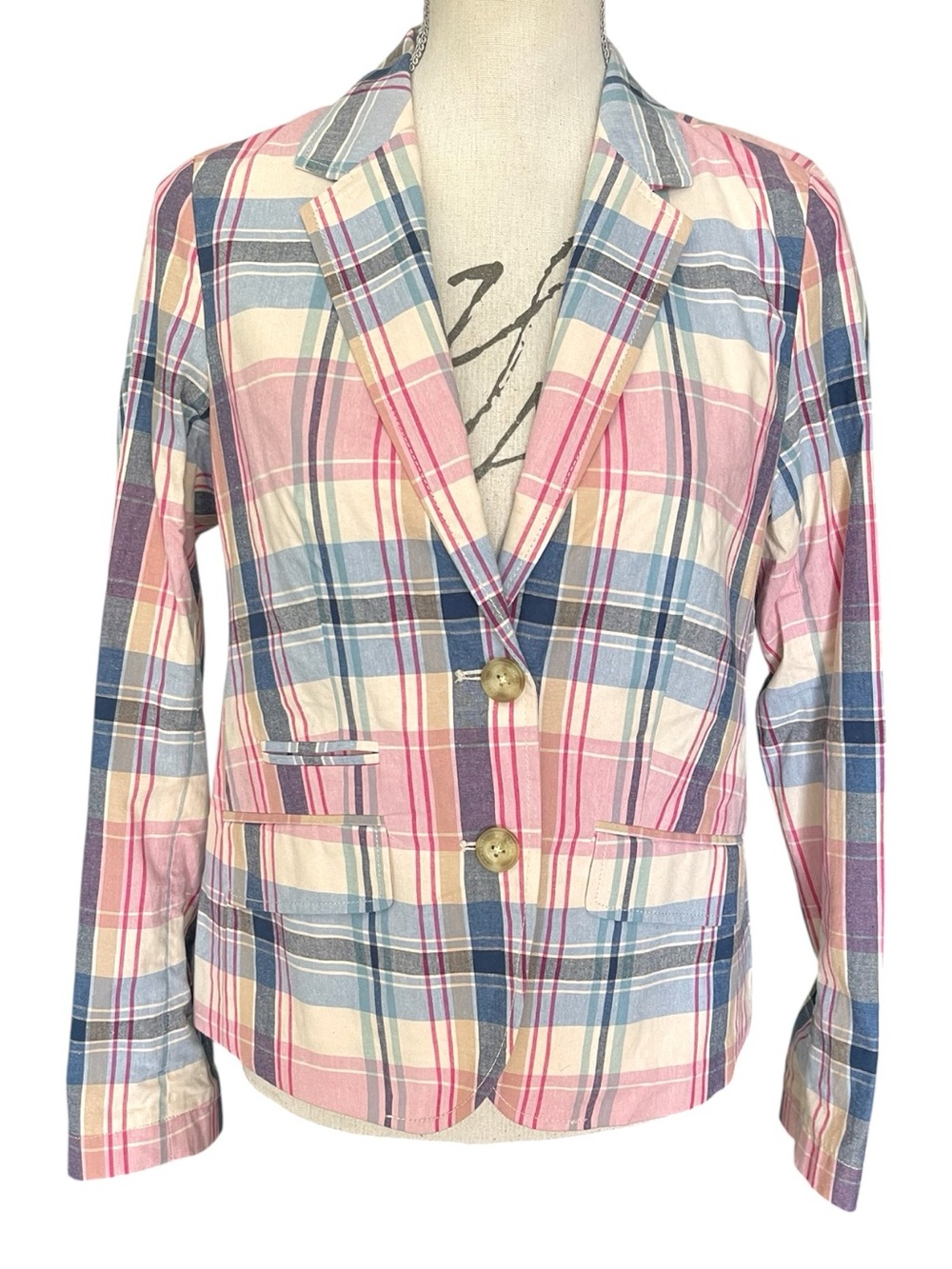 Tommy Hilfiger Pink/Blue/Cream Cotton Madras 2-Button Jacket Blazer (4)